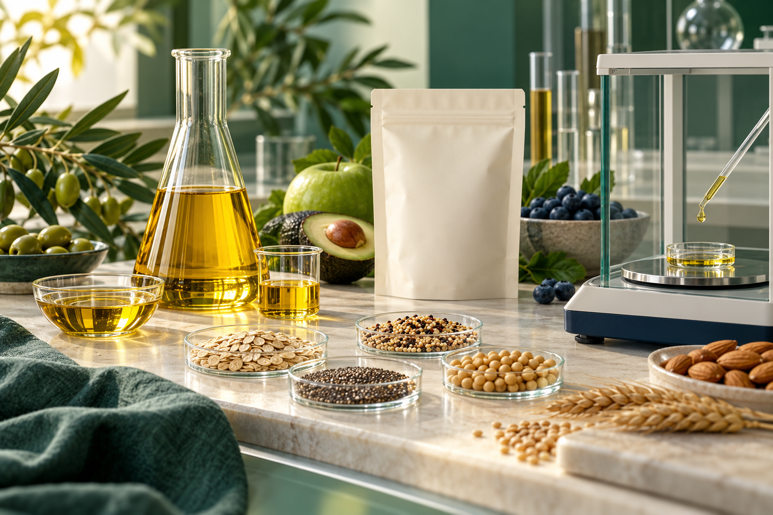 Ilustración de muestras de alimentos, aceite y equipos analíticos